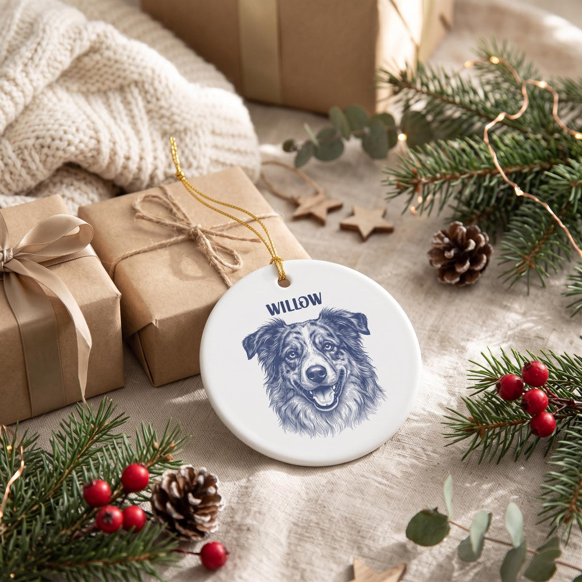 Personalized Pet Ornament, Handmade Round Ceramic Sketch Portrait