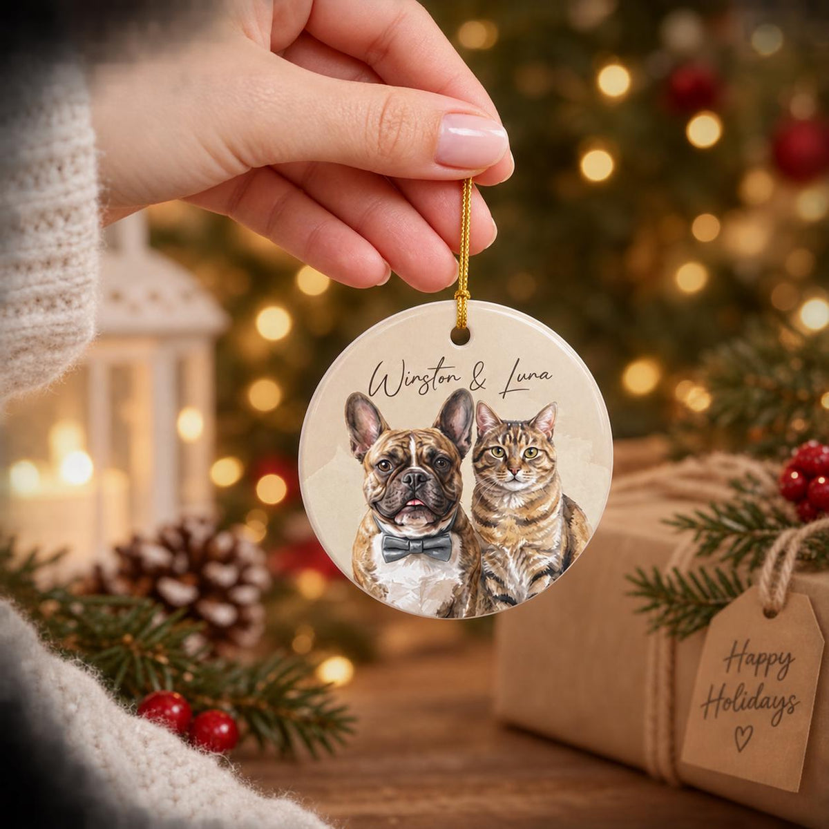 Custom Pet Ornament Ceramic Watercolor Pic Keepsake, Personalized