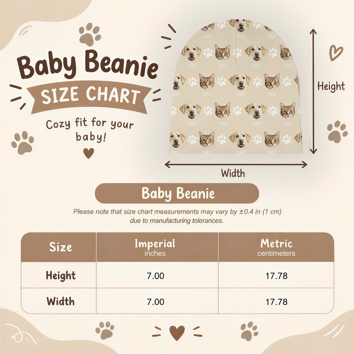 The image is a size chart for a baby beanie, featuring a pattern of dog and cat faces. The chart provides measurements for the beanie in inches and centimeters, and includes a description of the beanie's size and features.