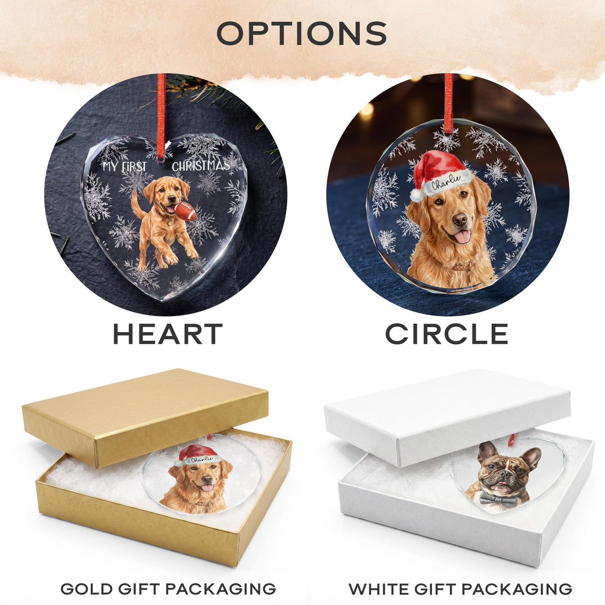 Custom Pet Ornament, Crystal Glass 3" Square Watercolor Snowflakes