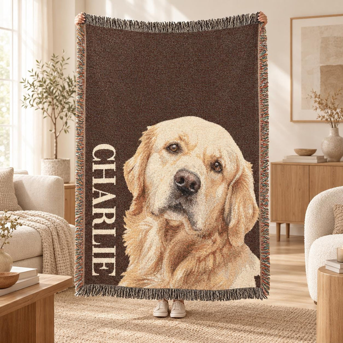 custom pet photo blanket, Personalized Woven Cotton Pet Portrait
