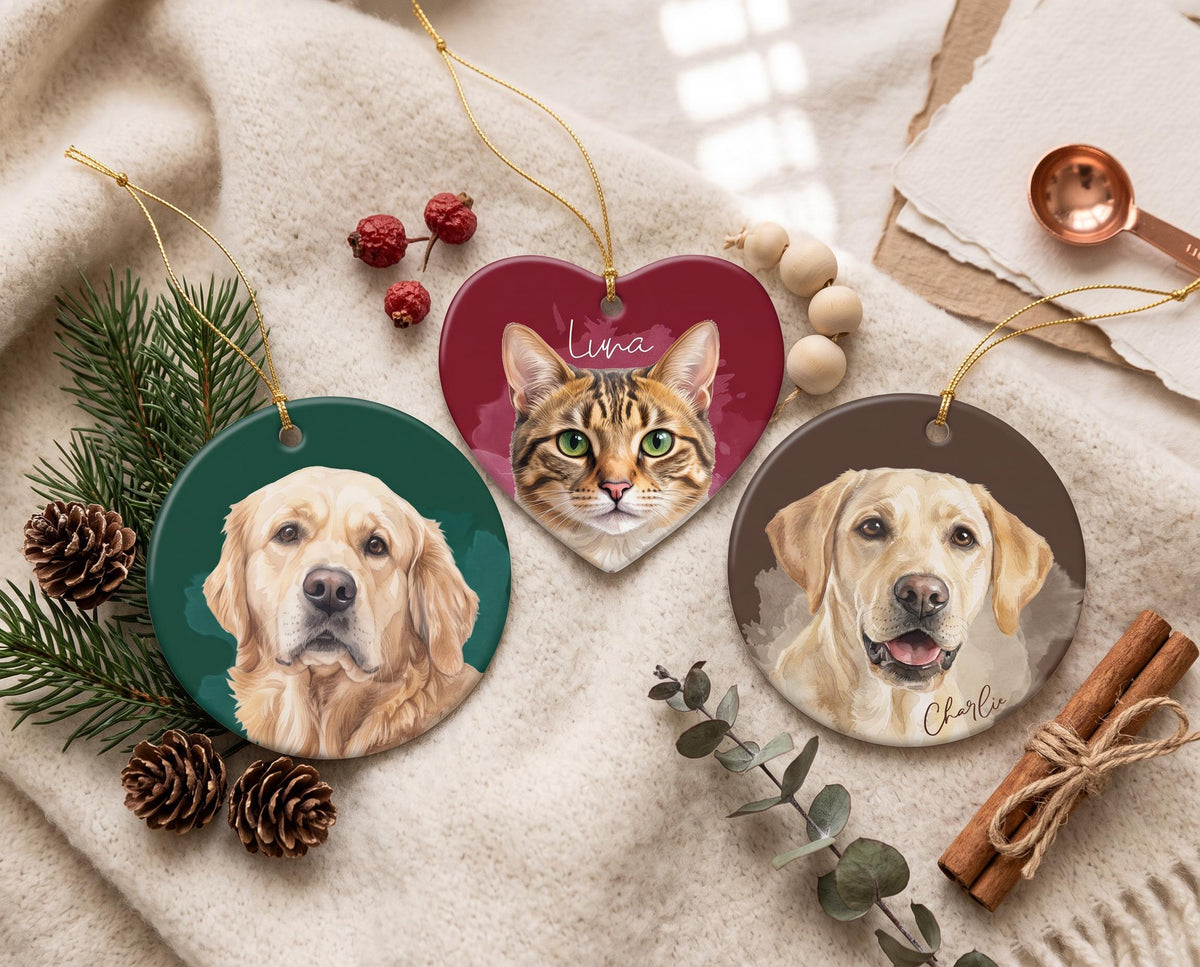 Custom Pet Ornament Ceramic Watercolor Pic Keepsake, Personalized