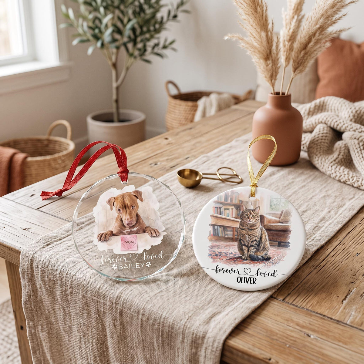 Custom Pet Photo Ornament, Watercolor Dog Memorial Ceramic Glass.