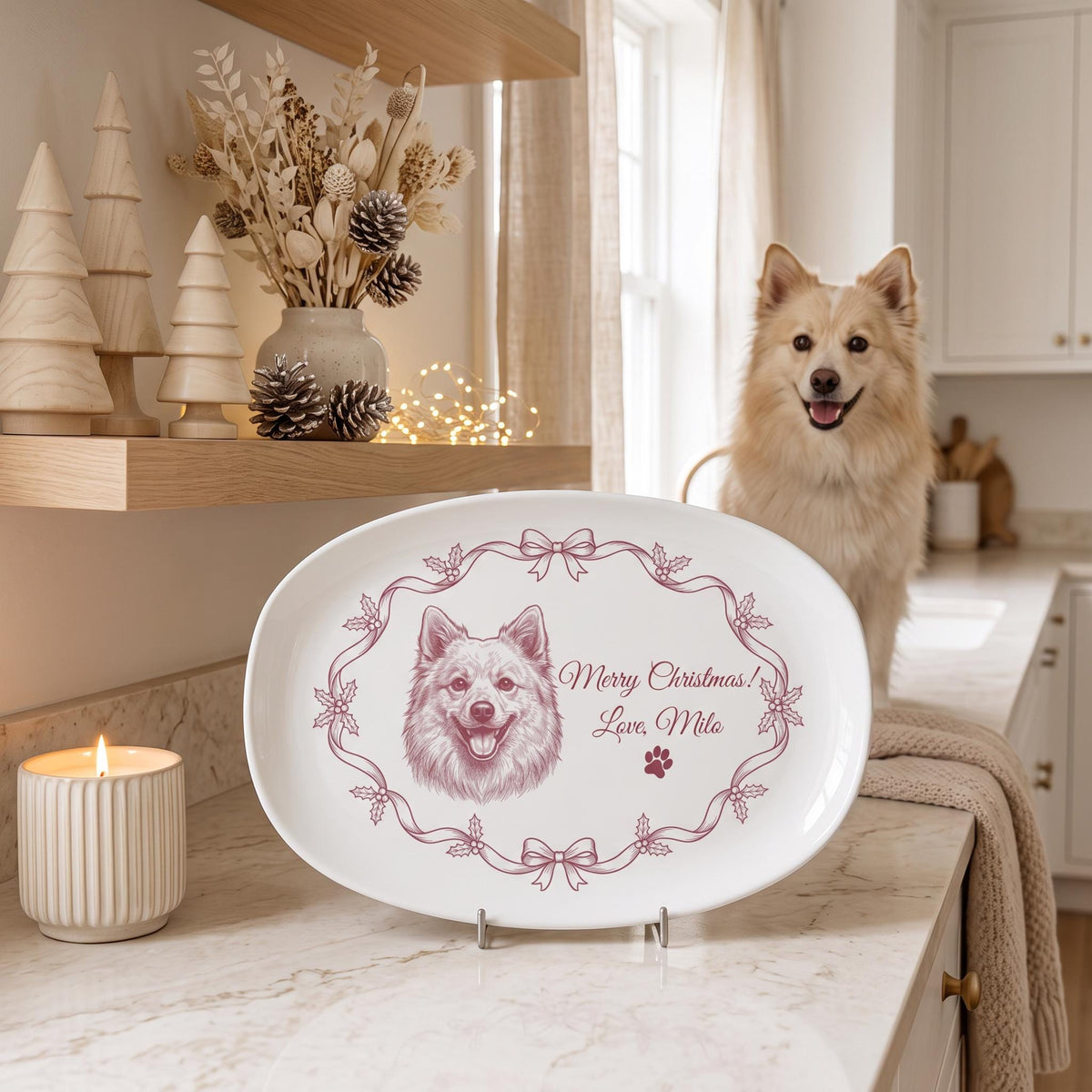 Custom Pet Christmas Plate, 13.9x9.96 Oval Melamine Personalized!