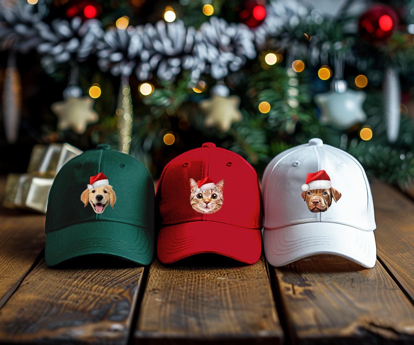 Custom pet Christmas baseball hats – personalized dog and cat portrait hats with Santa hats on festive caps. Unique holiday gift for dog moms, cat lovers, and pet owners.