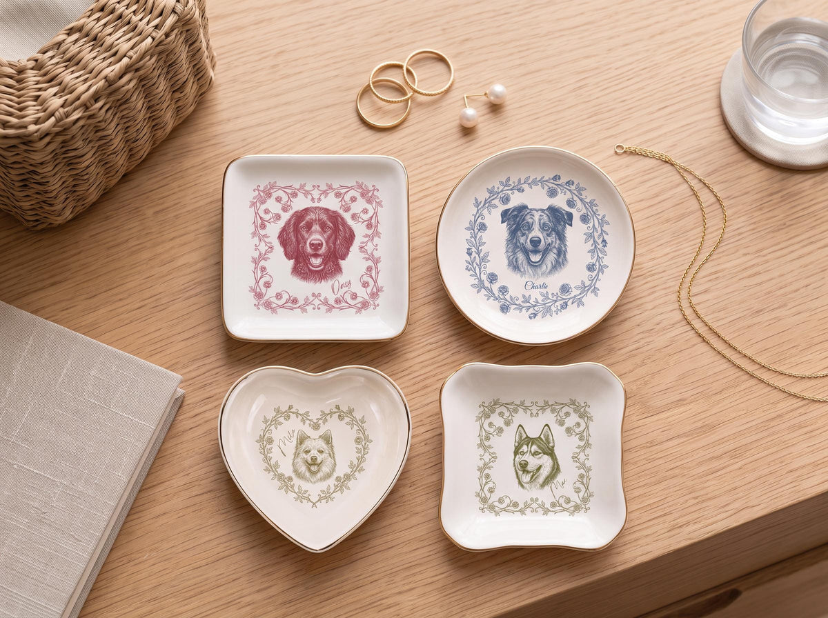 Custom Pet Jewelry Dish, Toile De Jouy Ceramic Trinket Tray, Gold
