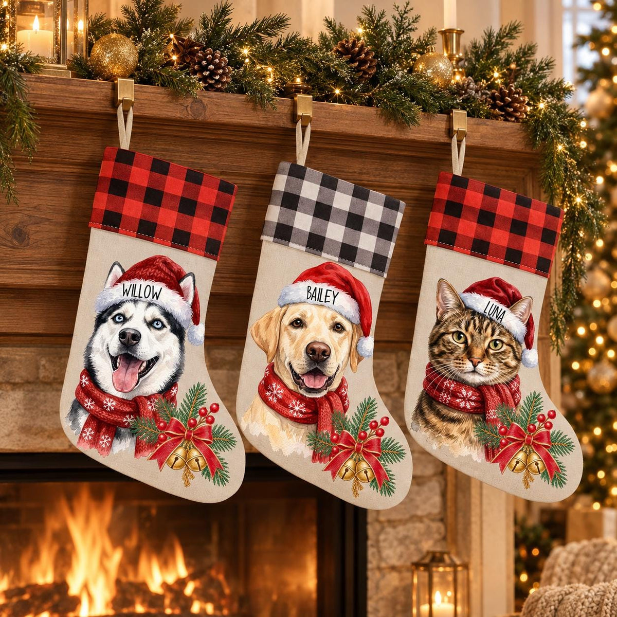 Custom Pet Christmas Stocking, Watercolor Pet Photo, Linen Plaid!