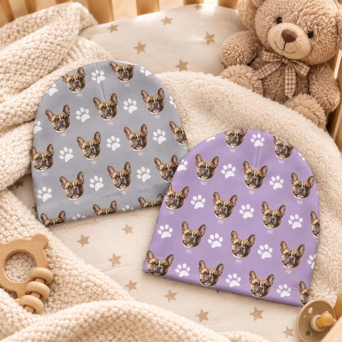 A gray beanie with a pattern of brown dog faces and white paw prints, and a purple beanie with a similar pattern of brown dog faces and white paw prints, both resting on a beige blanket with a teddy bear in the background.