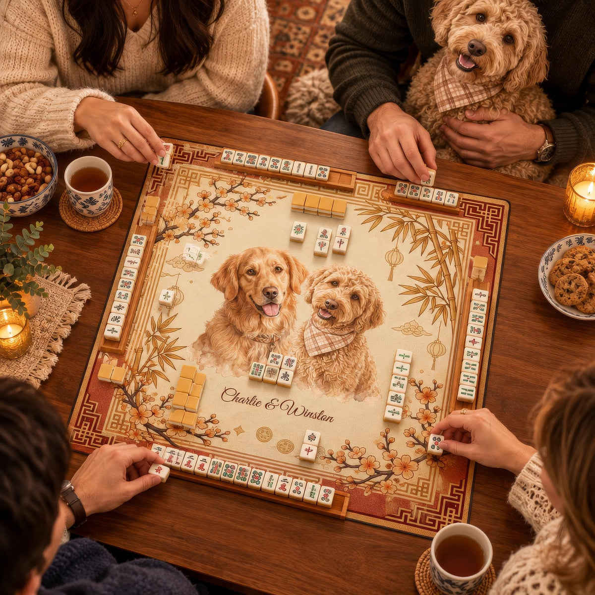 Custom Pet Mahjong Mat 33" Square Watercolor Pet Portraits Mat XL