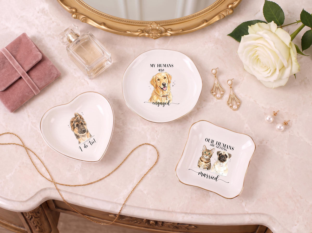 Custom Pet Jewelry Dish, Personalized 2x2 Ceramic Ring Tray, Gold