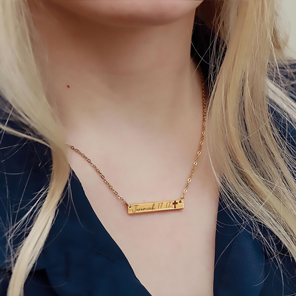 Horizontal Name Bar Necklace With Cross cutout Engraved