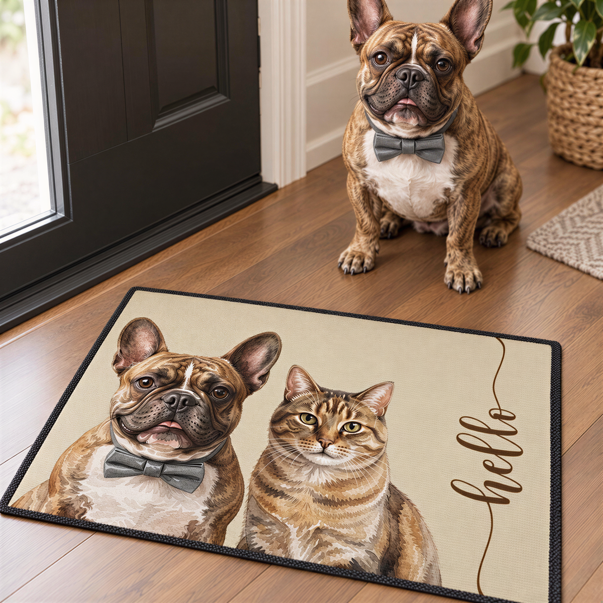 A dog and a cat sitting on a mat with the word "Hello" written on it.