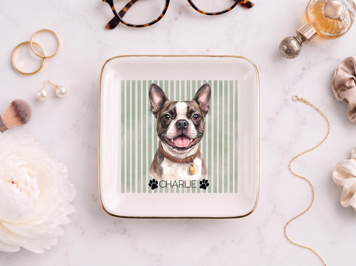 custom pet jewelry dish, Personalized Dog Photo Ceramic Tray Gold