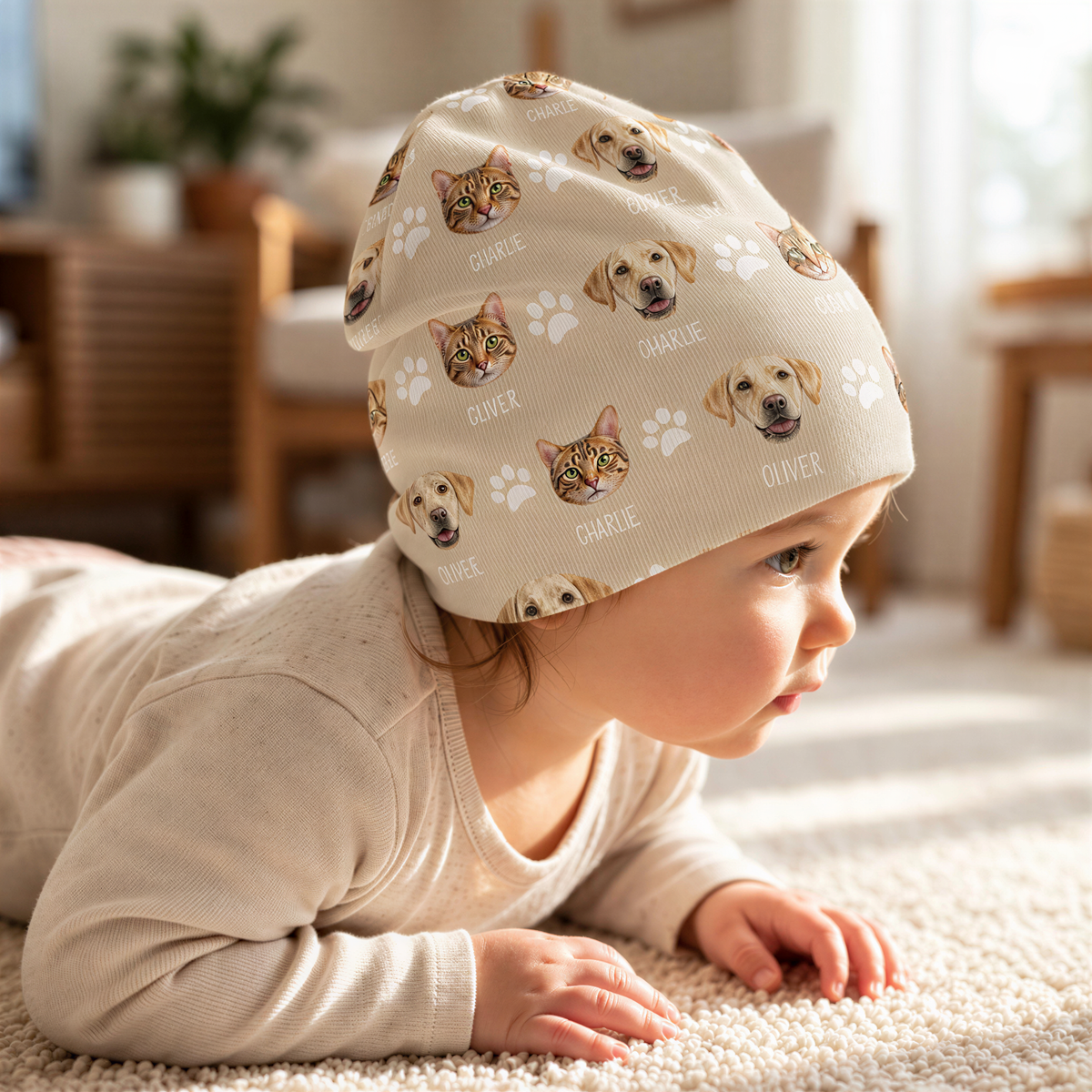 A baby wearing a beanie with a pattern of cat and dog faces, including Charlie, Oliver, and other names, lying on a carpeted floor.