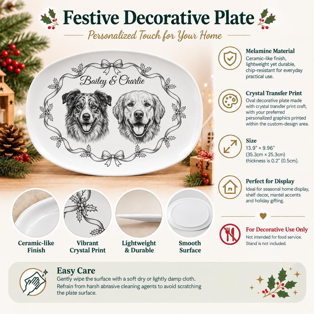 Custom Pet Christmas Plate, 13.9x9.96 Oval Melamine Personalized!