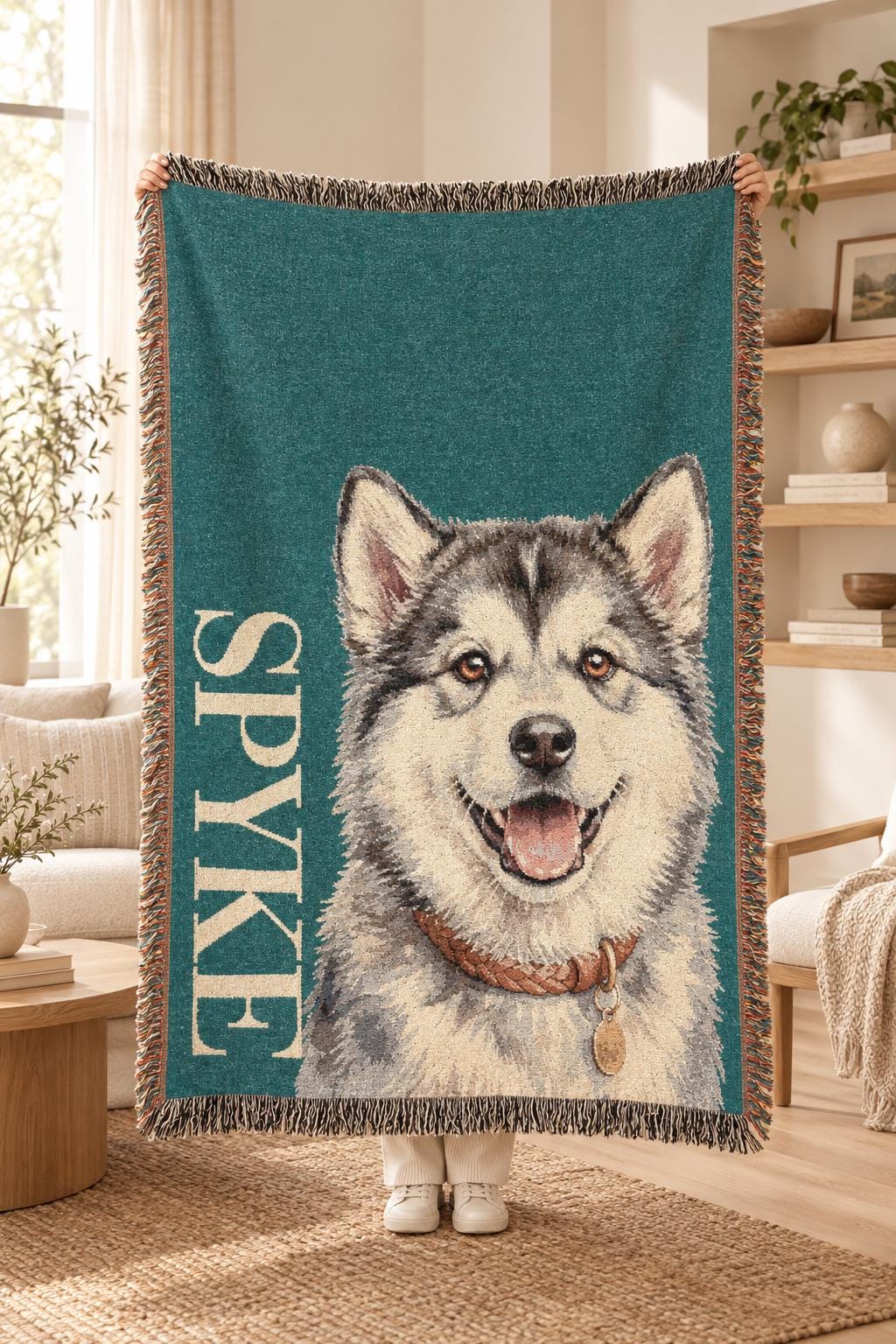 custom pet photo blanket, Personalized Woven Cotton Pet Portrait