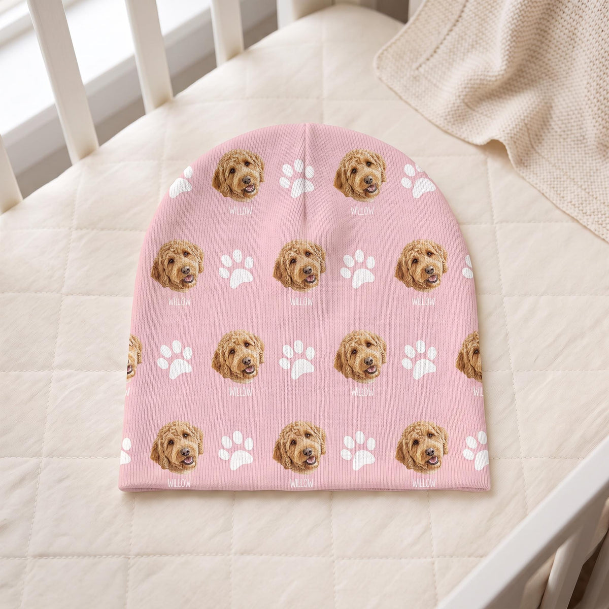 Custom Pet Baby Beanie, Personalized Dog Face Newborn Hat 0-6 Mos