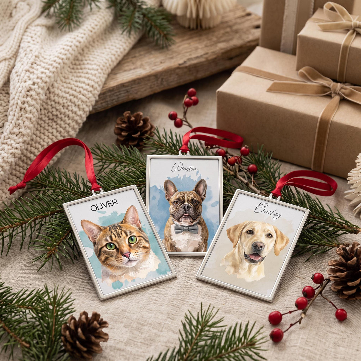 custom pet portrait ornament, Watercolor Metal Ornament 3.5x2.3in
