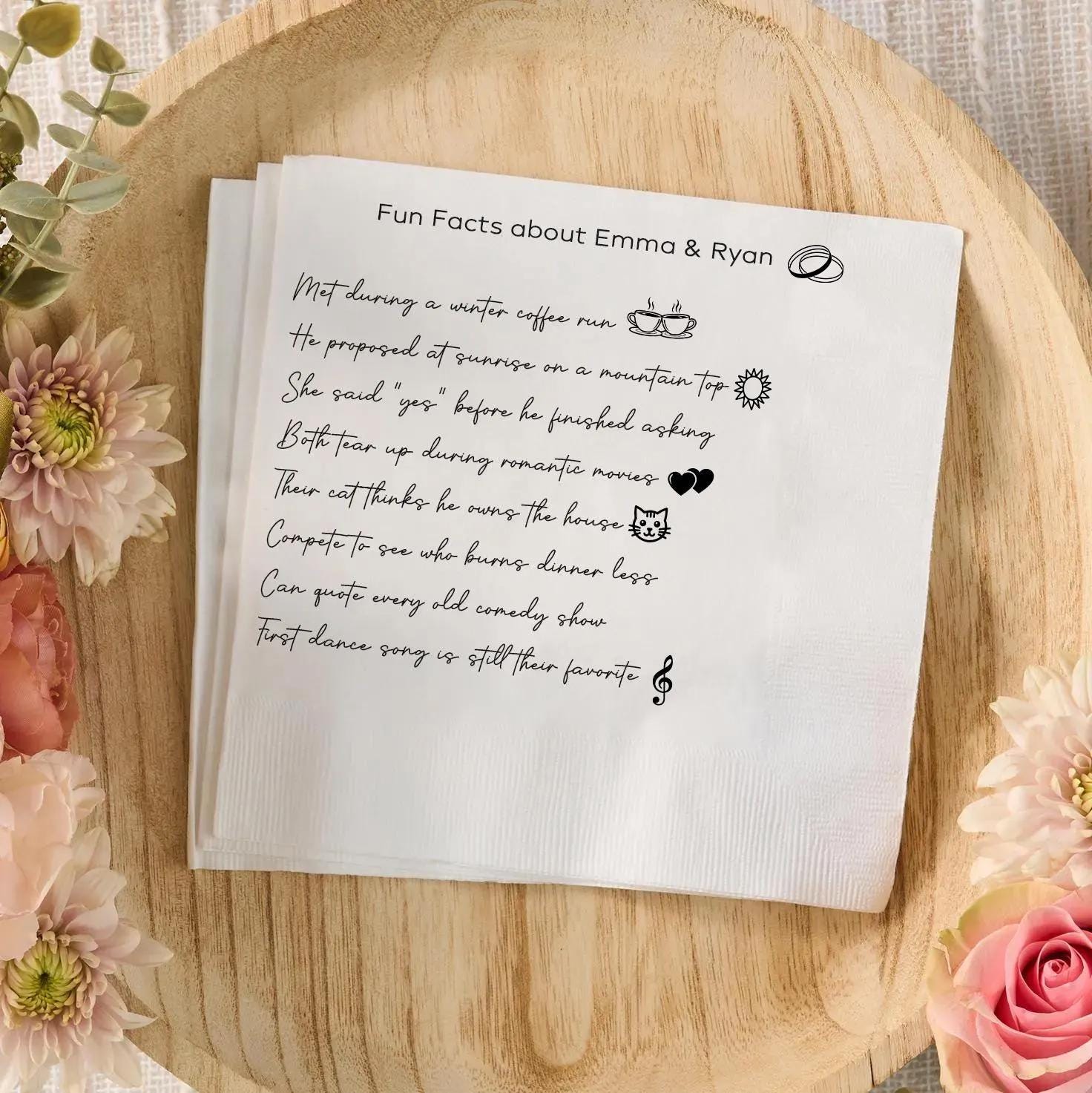 Personalized wedding bar napkins featuring fun facts about the couple — custom printed trivia cocktail napkins for weddings, engagement parties, or anniversaries.