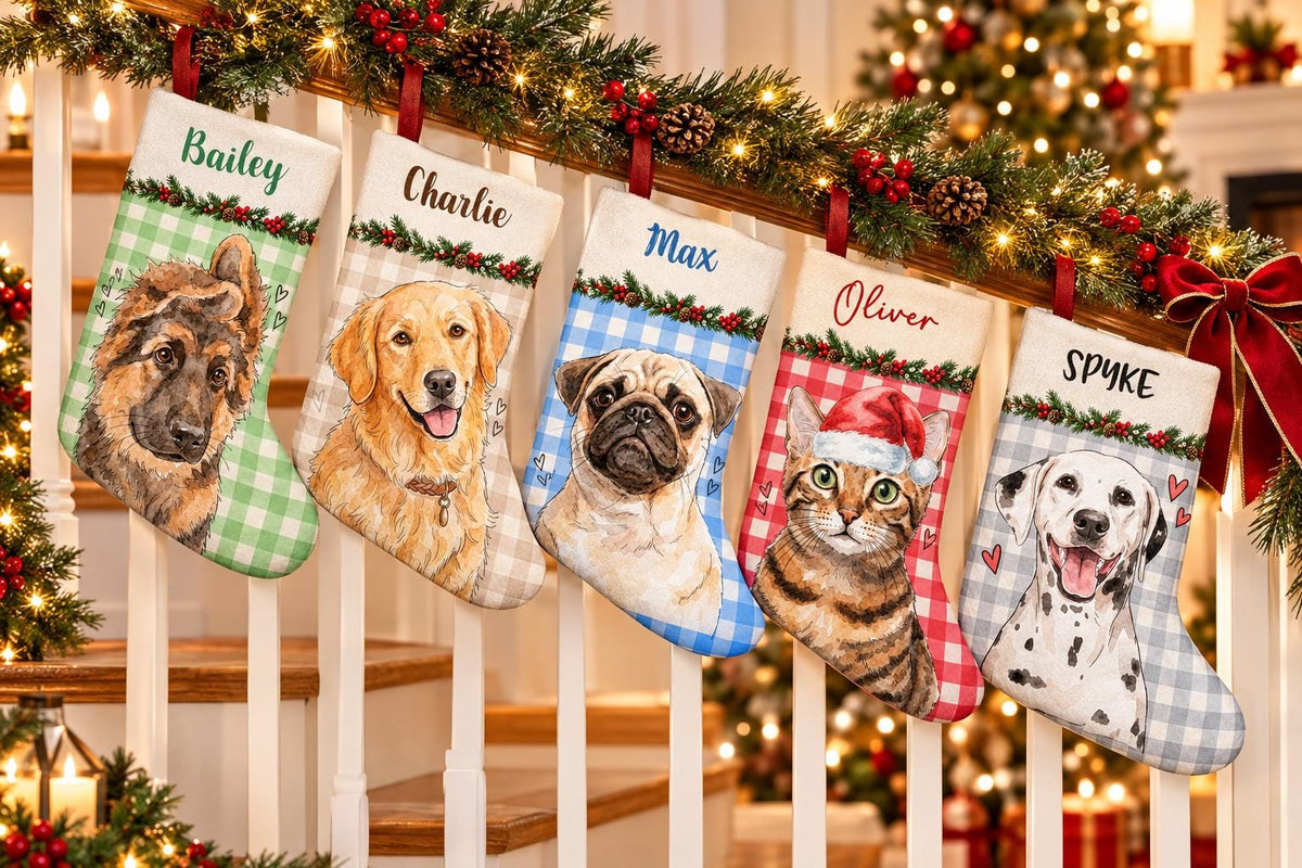 Personalized Pet Stocking, Custom Doggo Photo Watercolor Portrait