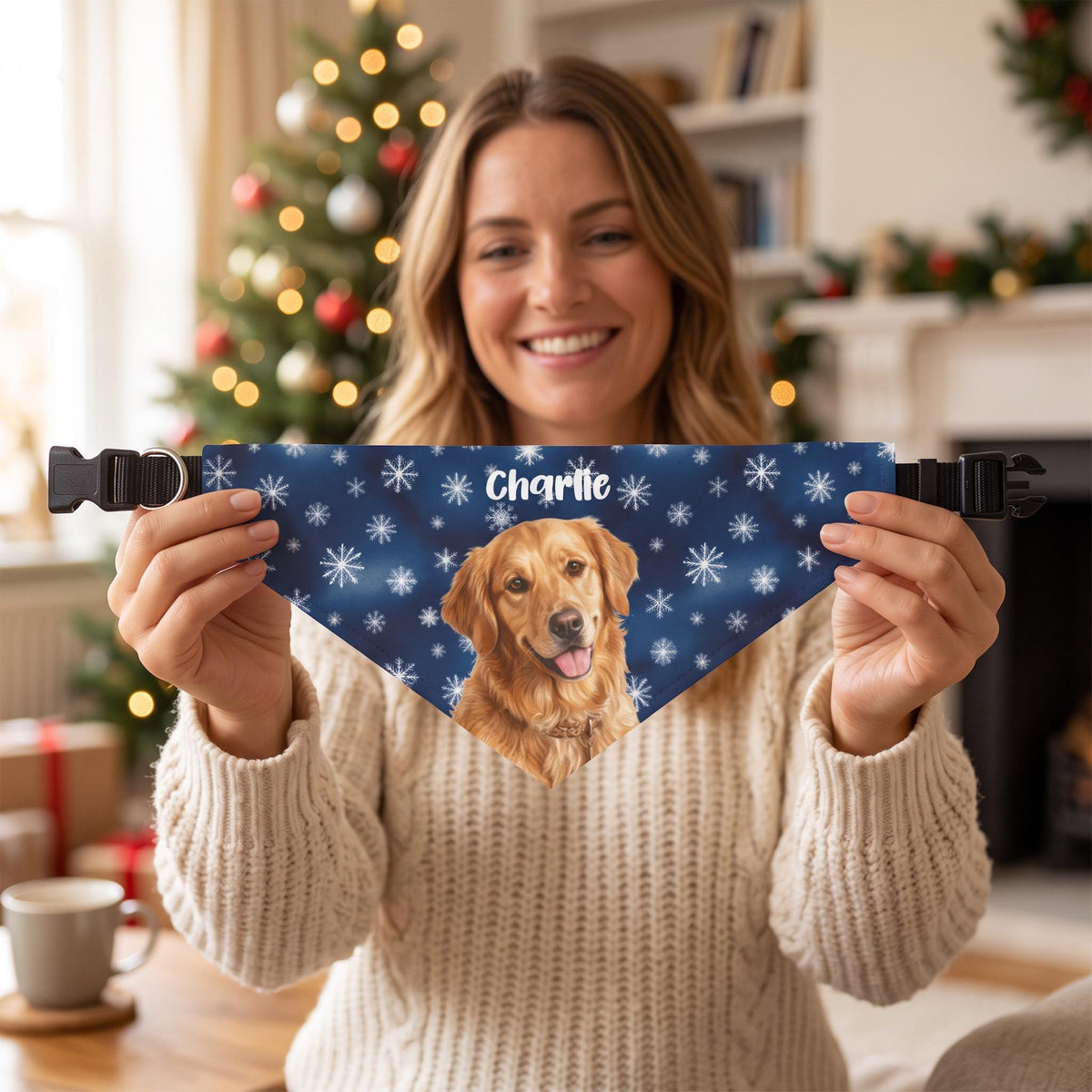 Custom Dog Face Bandana, Personalized Christmas Pet Photo-Snowflake