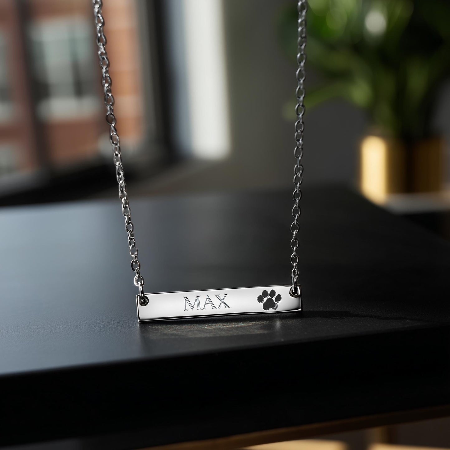 Custom Engraved Paw Bar Necklace with name