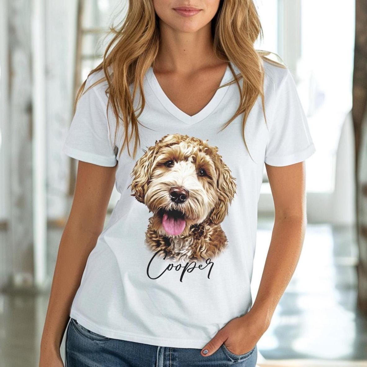 Custom dog Portrait from photo V-Neck T-Shirt
