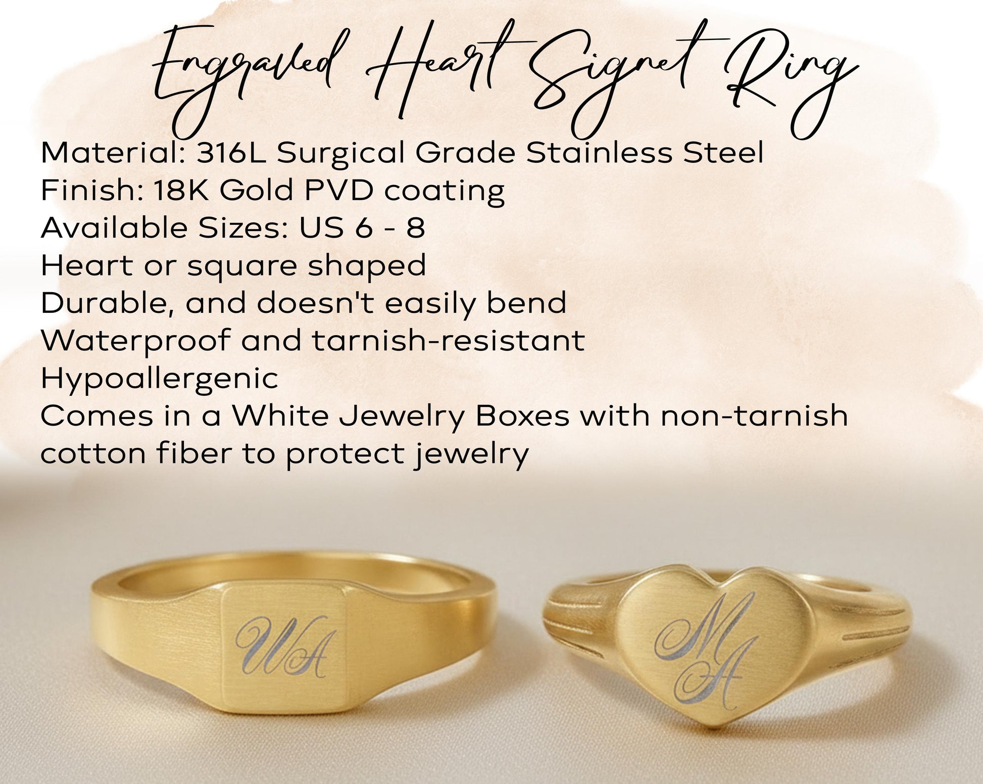 Custom gold signet ring heart or square shaped, Personalized Initial signet ring women and men, signet ring for couples, Bridesmaid gift