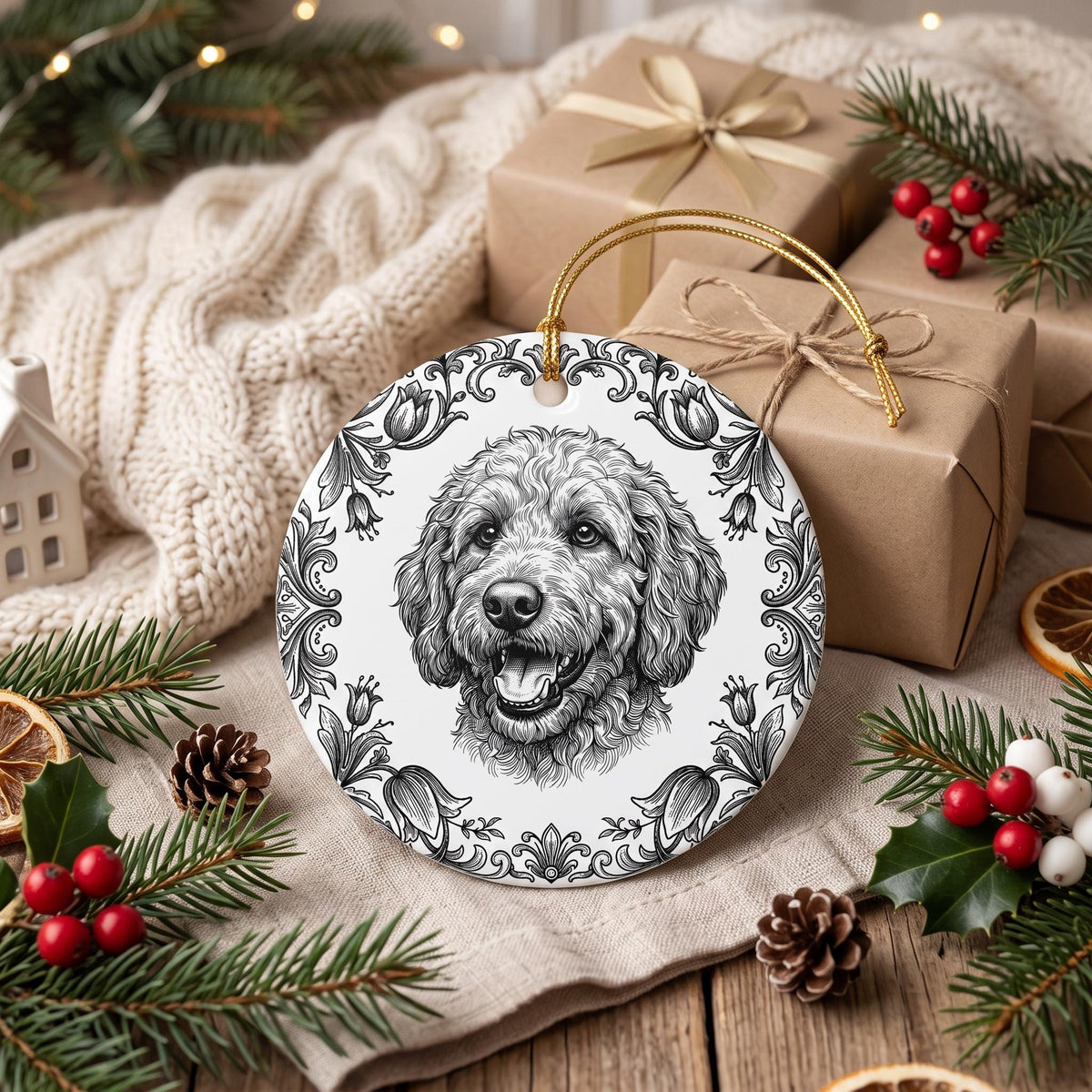 Custom Pet Ornament, Toile De Jouy Photo Porcelain Ornament, 3mm.