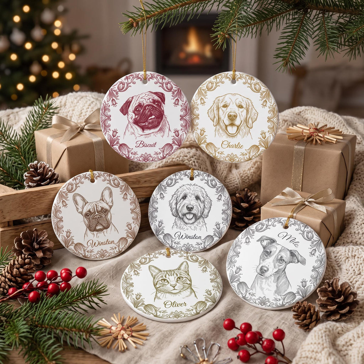 Custom Pet Ornament, Toile De Jouy Photo Porcelain Ornament, 3mm.