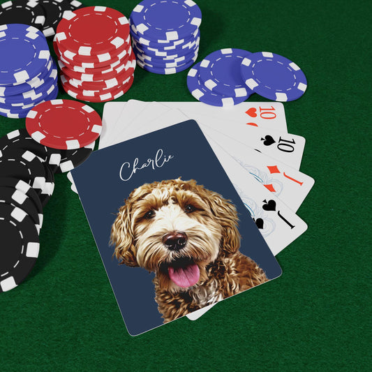 Custom dog poker cards with pet photo and name – personalized playing card deck for family games, poker nights, or parties. Unique custom card set, perfect gift for dog lovers and special occasions.