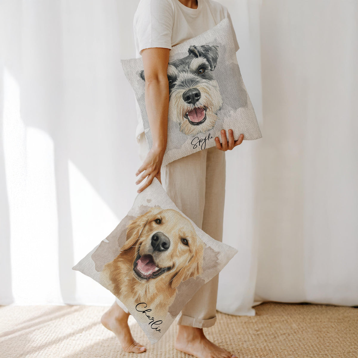 Custom Pet Pillow, Watercolor Dog Portrait, 16" Double-Sided.