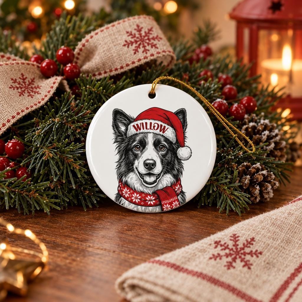 A ceramic ornament featuring a black and white dog wearing a Santa hat and scarf, with the name "WILLOW" written on it, is displayed on a wooden surface surrounded by Christmas decorations.