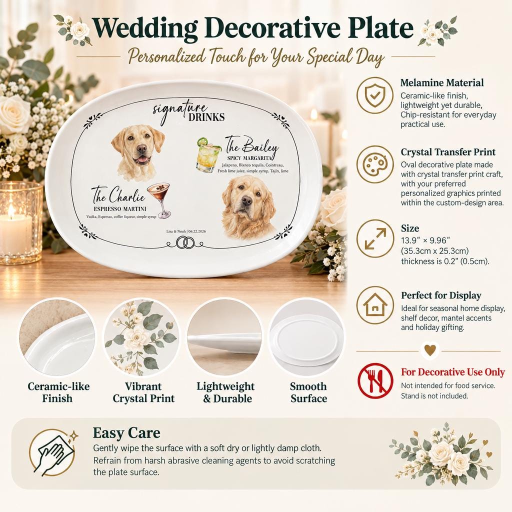 Custom Pet Wedding Sign, Watercolor Pet Drink Plate 13.9x9.96 In.