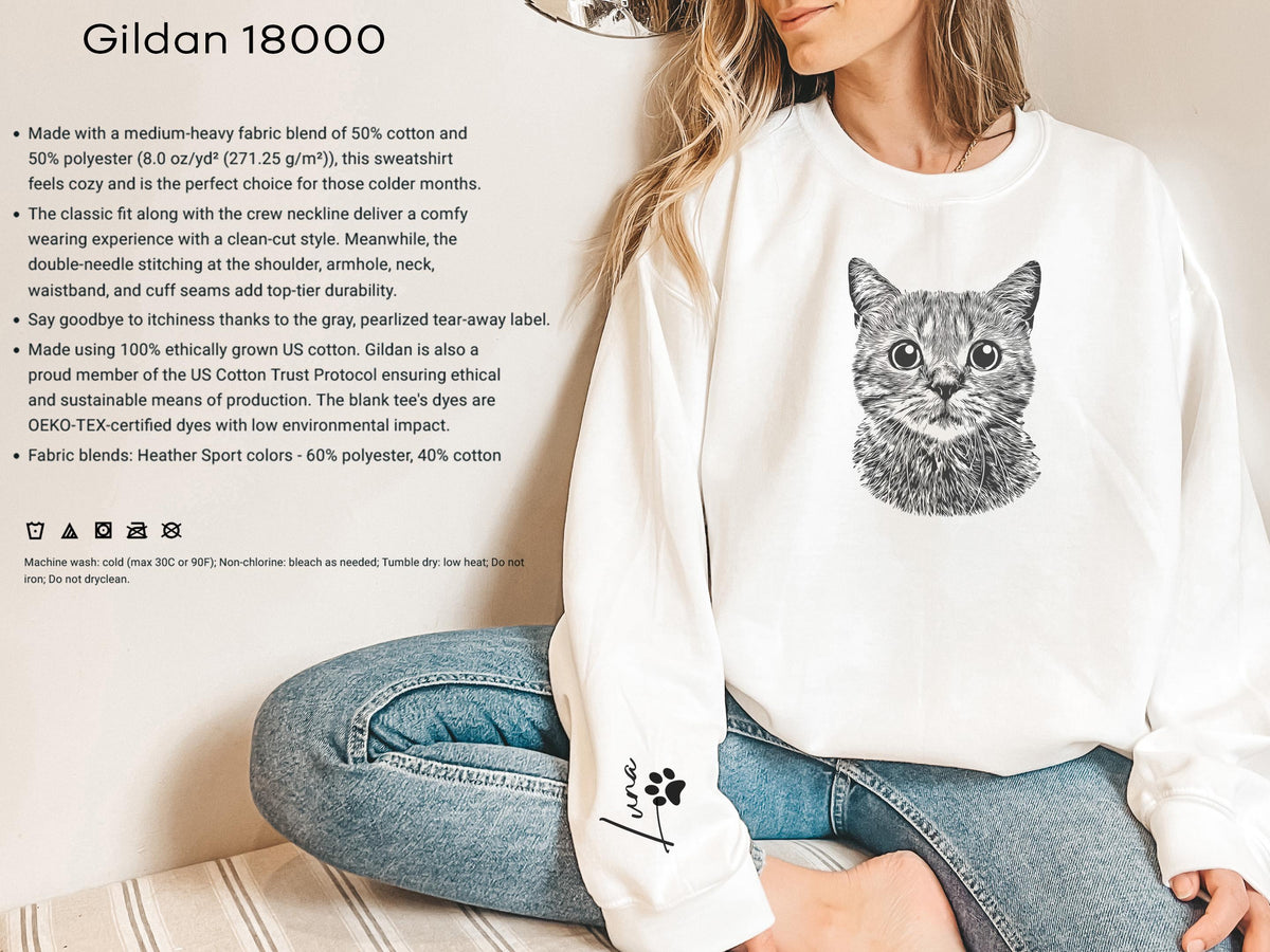 Custom Pet Portrait Sweatshirt, Photo Crewneck, Name On Sleeve XL