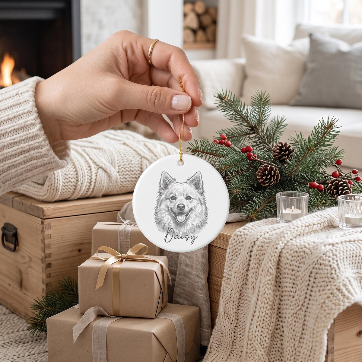 Personalized Pet Ornament, Handmade Round Ceramic Sketch Portrait