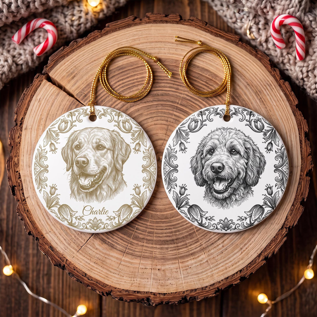 Custom Pet Ornament, Toile De Jouy Photo Porcelain Ornament, 3mm.