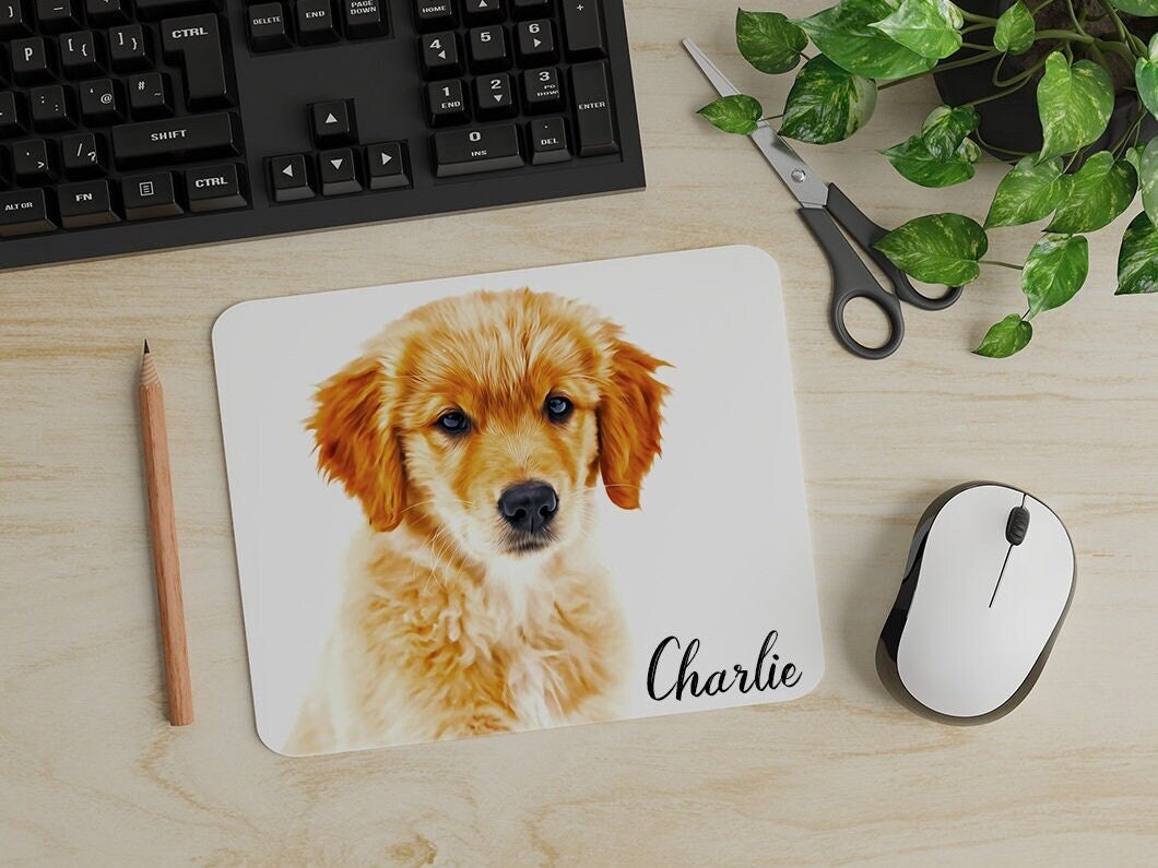 Custom pet mouse pad featuring a portrait of a Golden Retriever puppy named 'Charlie,' perfect as a personalized office accessory or gift for pet lovers.