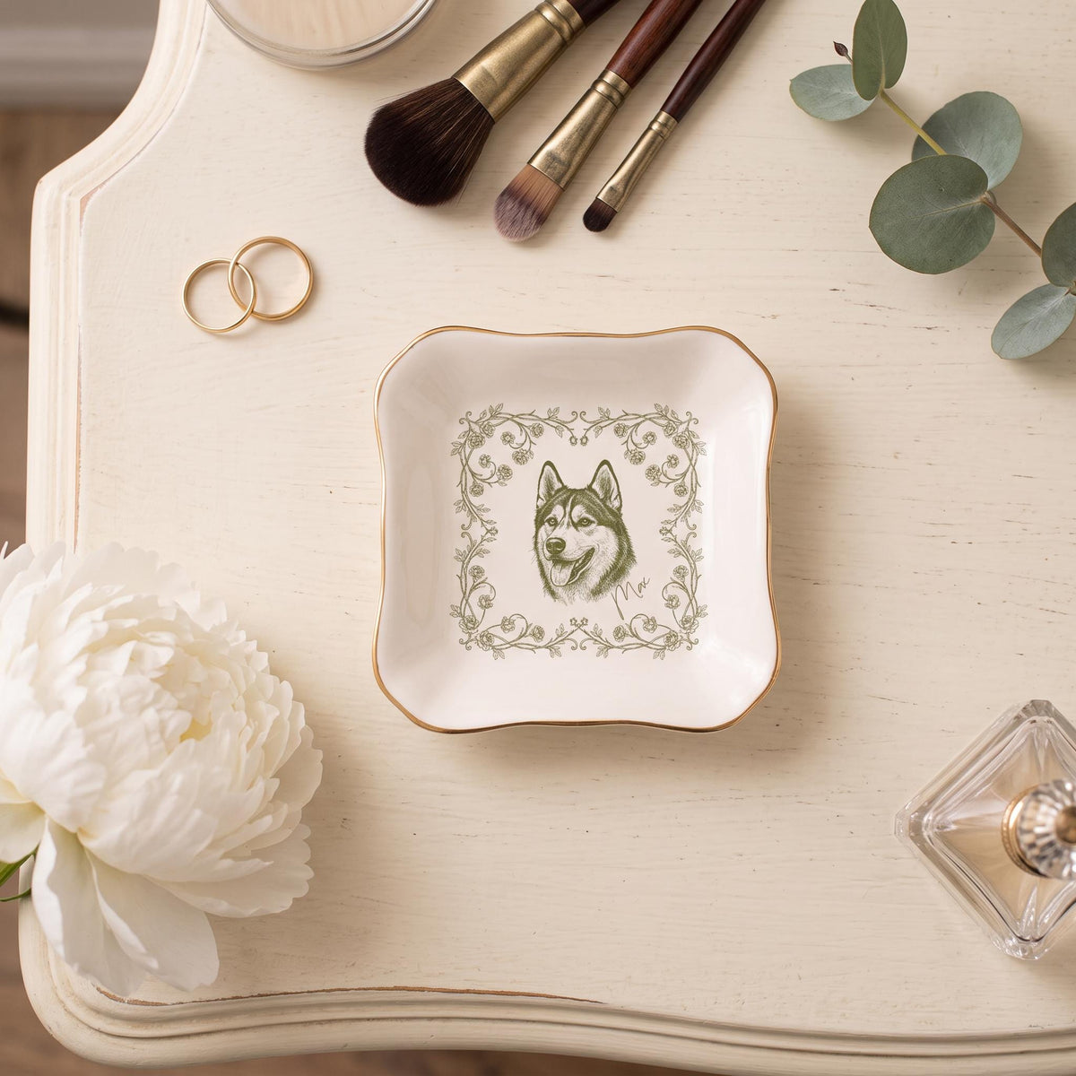 Custom Pet Jewelry Dish Toile De Jouy Dog Mom Photo Tray 2x2 Gold