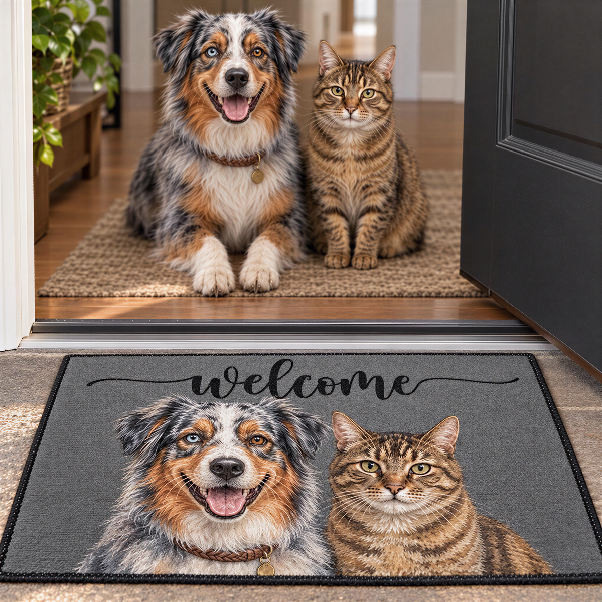 A happy dog and a cat sitting together on a welcome mat, with the word "welcome" written on the mat.