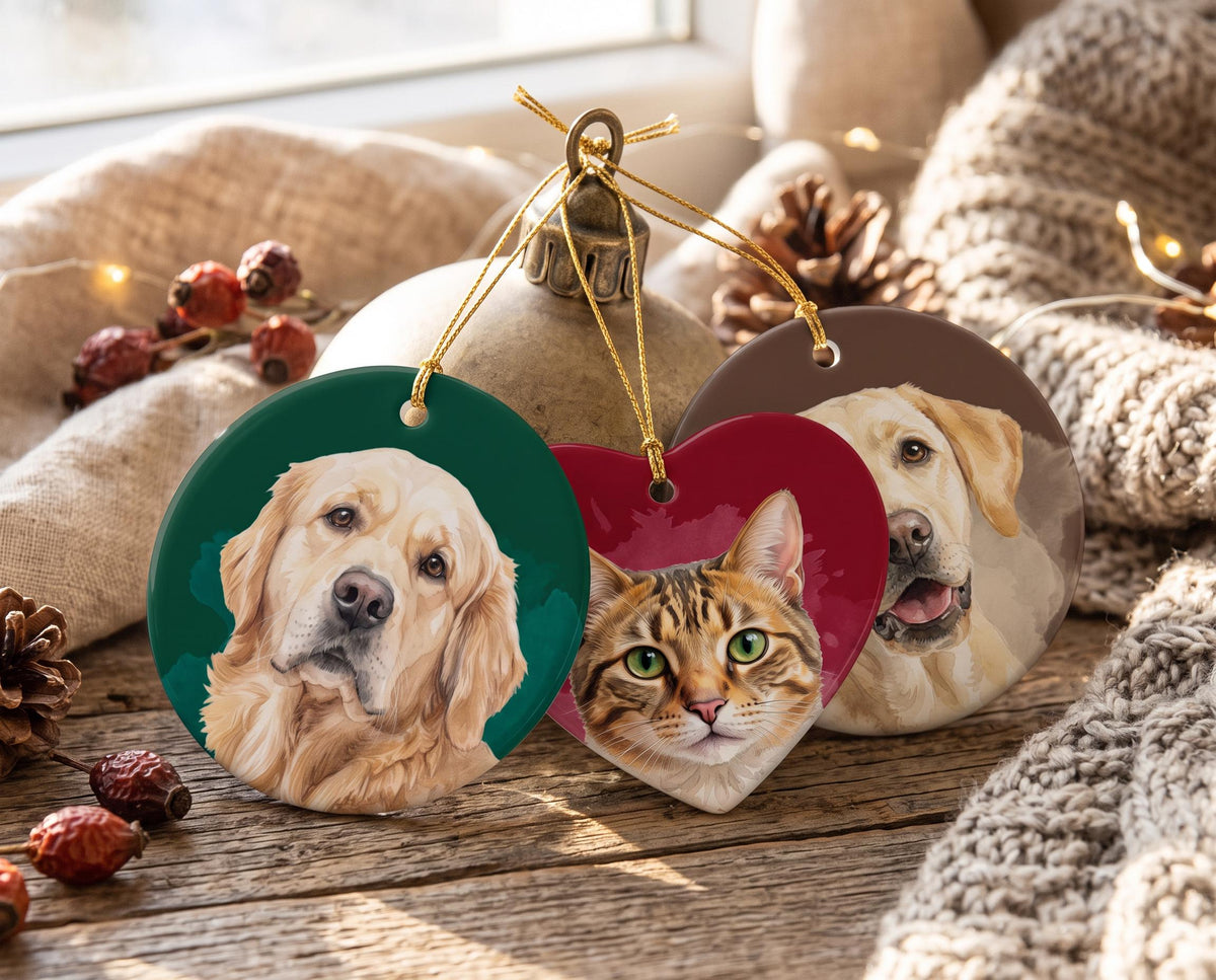 Custom Pet Ornament Ceramic Watercolor Pic Keepsake, Personalized