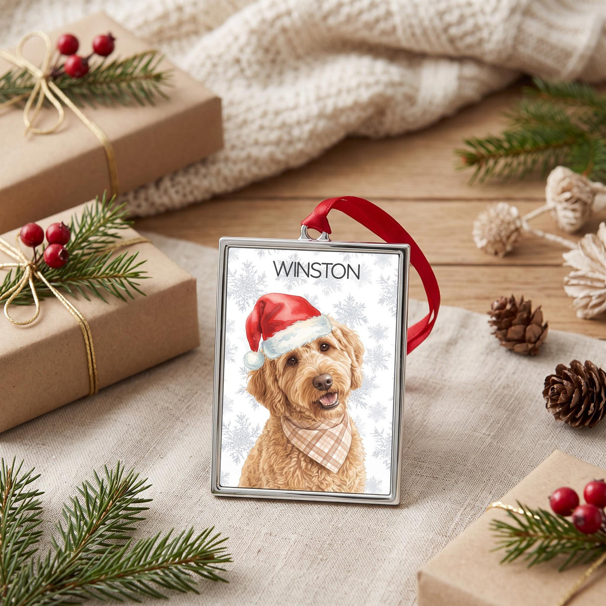 Custom Pet Portrait Ornament, Watercolor Metal 3.5" x 2.30" Frame