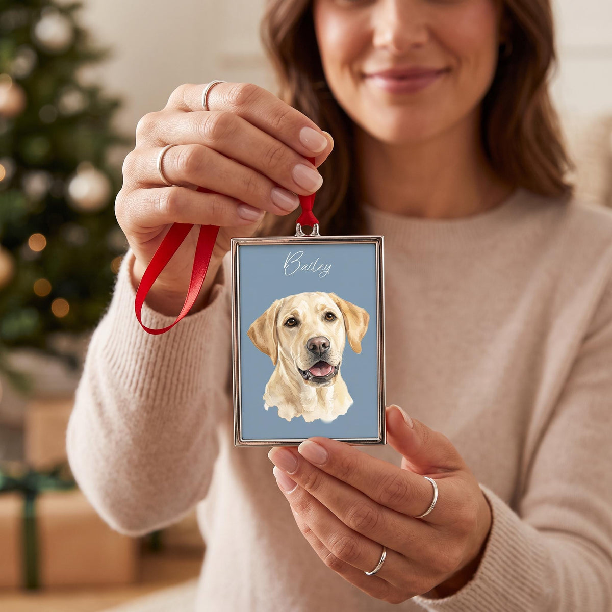 Custom Pet Portrait Ornament, Watercolor Metal 3.5" x 2.30" Frame