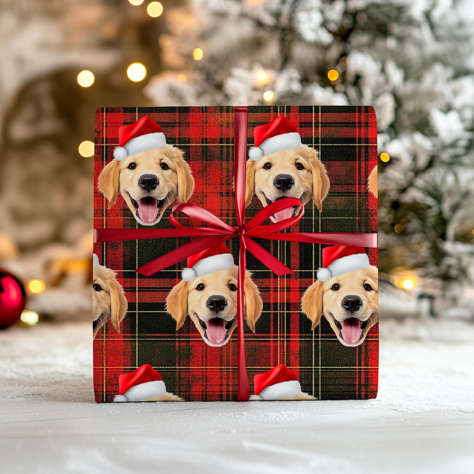 Custom dog Christmas wrapping paper with pet photo – festive red and green plaid gift wrap featuring dogs in Santa hats. Personalized holiday gift wrap, perfect for pet lovers’ Christmas presents.