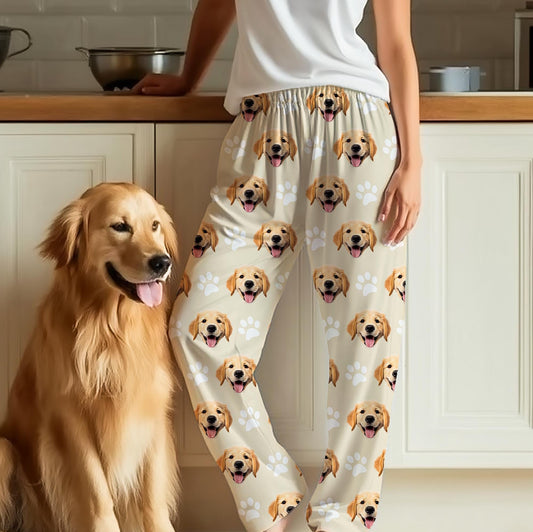 Custom pet face pajama pants – personalized loungewear featuring dog photo and paw prints. Unique custom pajama bottoms for men, women, and kids. Perfect cozy gift for dog lovers and pet owners.