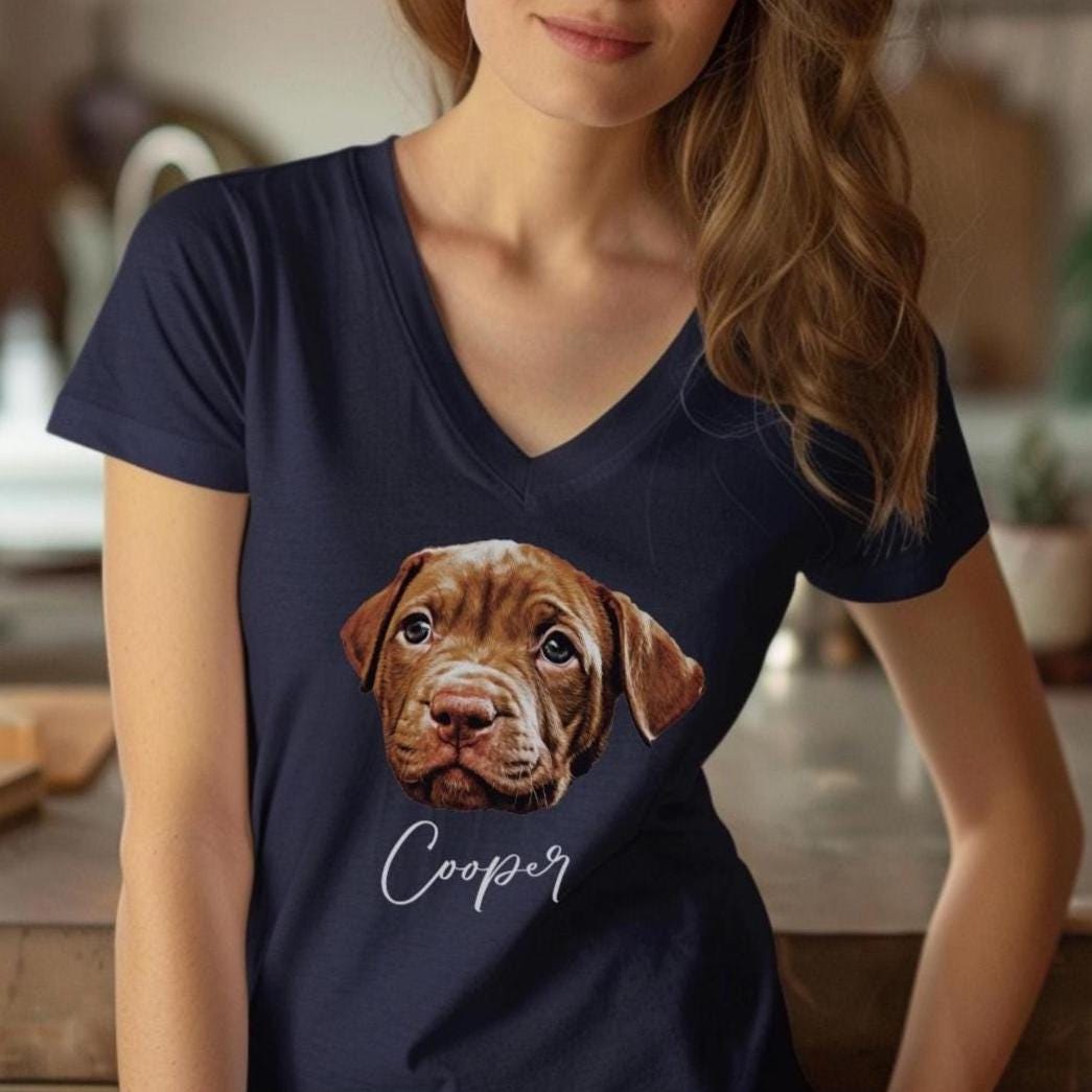 Custom dog Portrait from photo V-Neck T-Shirt