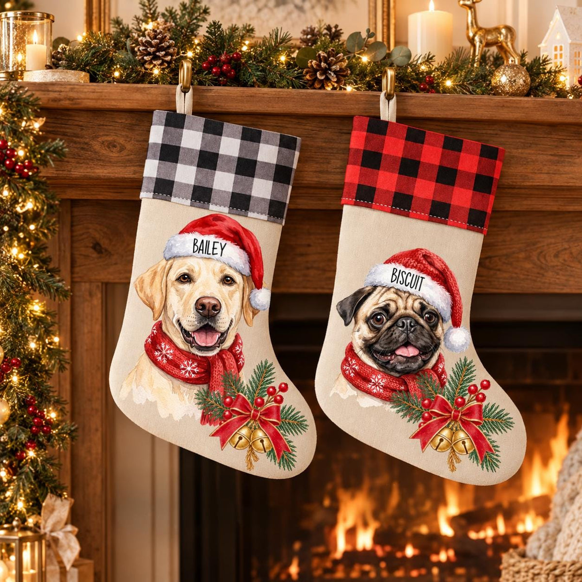 Custom Pet Christmas Stocking, Watercolor Pet Photo, Linen Plaid!