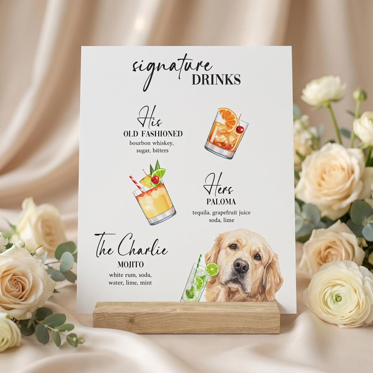 Custom Pet Drink Sign, Watercolour Wedding Bar Plaque, Oak Stand.