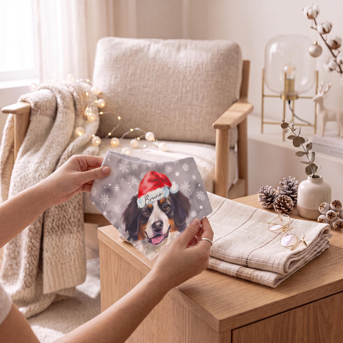 Custom Dog Face Bandana, Watercolor Pet Photo Snowflake, Name Gift
