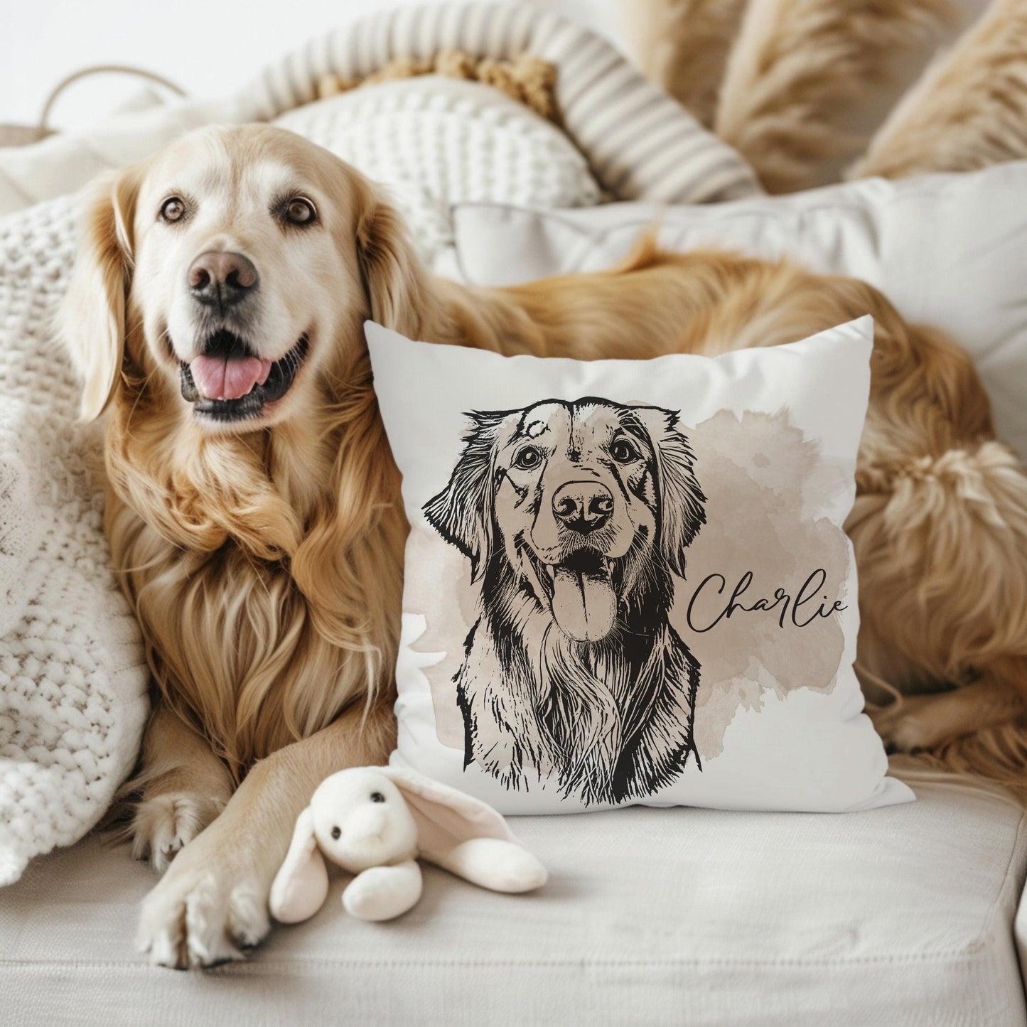 Custom-made personalized pillow featuring a watercolor-style pet portrait of 'Charlie' with elegant script. Perfect for pet lovers to add a cozy, stylish touch to decor. A unique, thoughtful gift for any occasion to celebrate beloved furry friends!